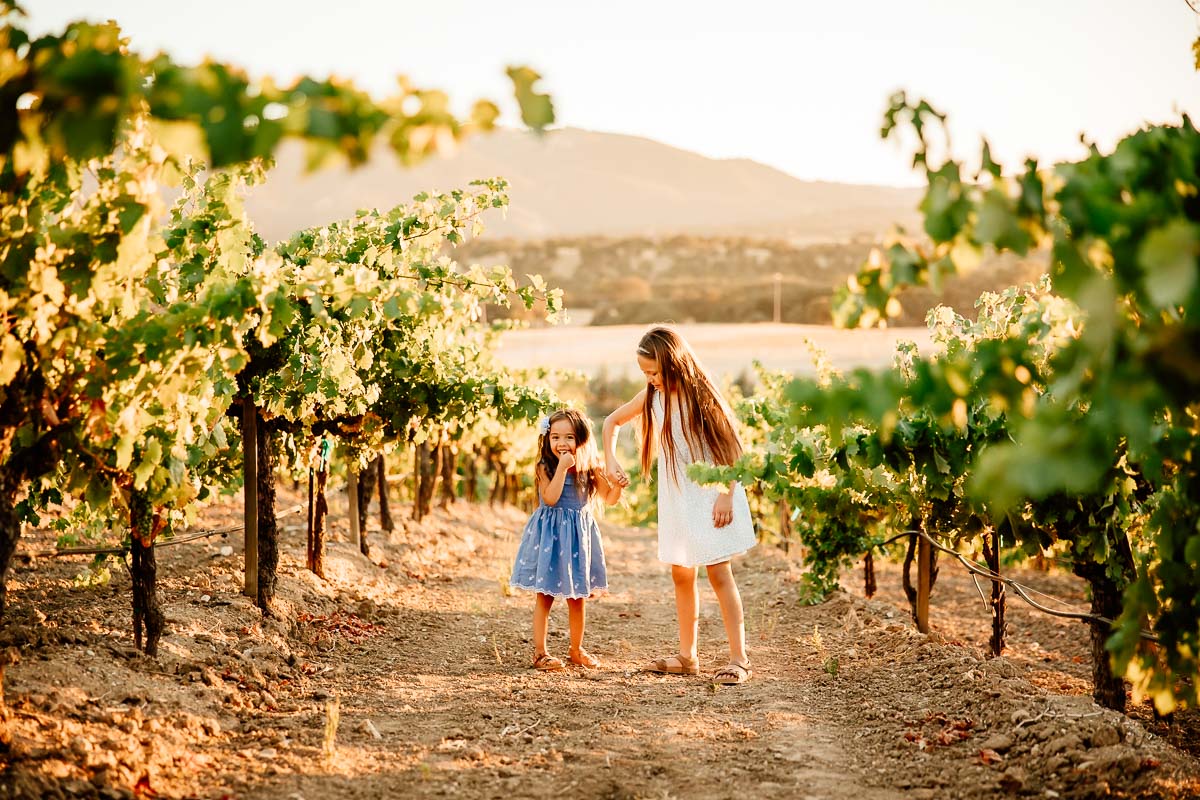 2 sisters playing in backlit vineyard for a blog post about the importance of hiring a family photographer